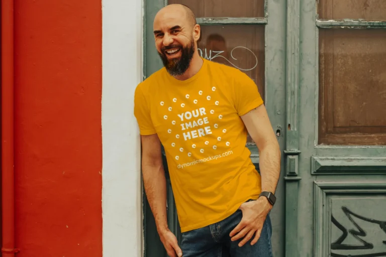 Man Wearing Orange T-shirt Mockup Front View Template