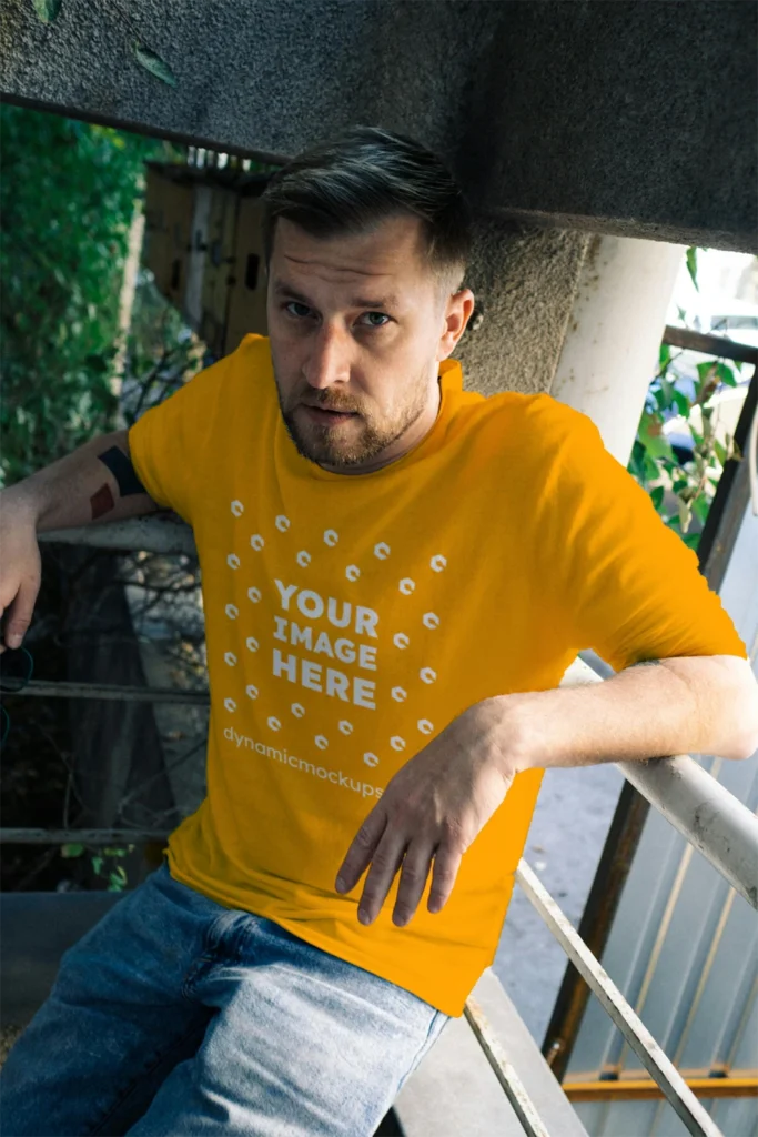 Man Wearing Orange T-shirt Mockup Front View Template