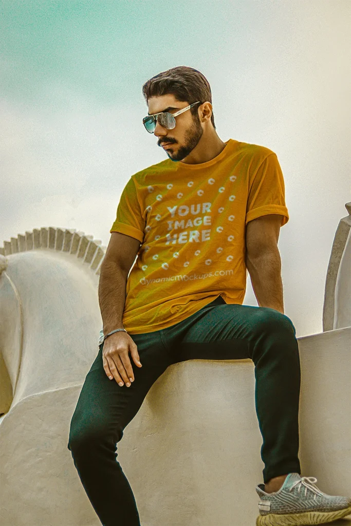 Man Wearing Orange T-shirt Mockup Front View Template
