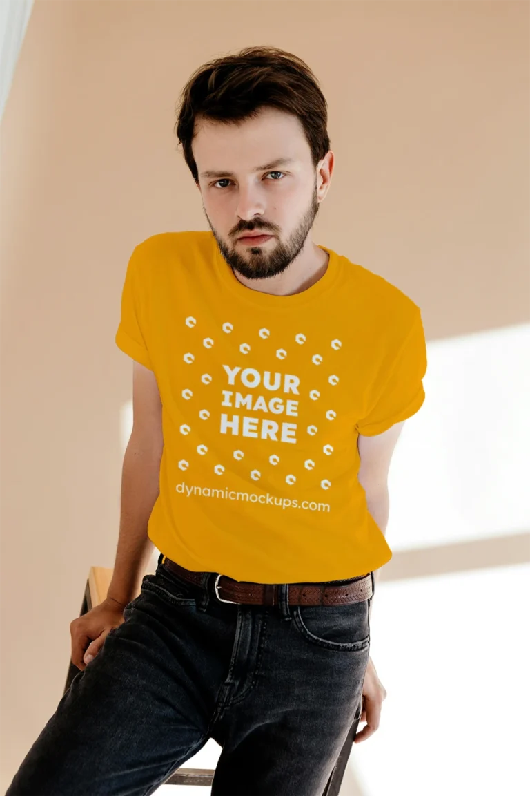 Man Wearing Orange T-shirt Mockup Front View Template