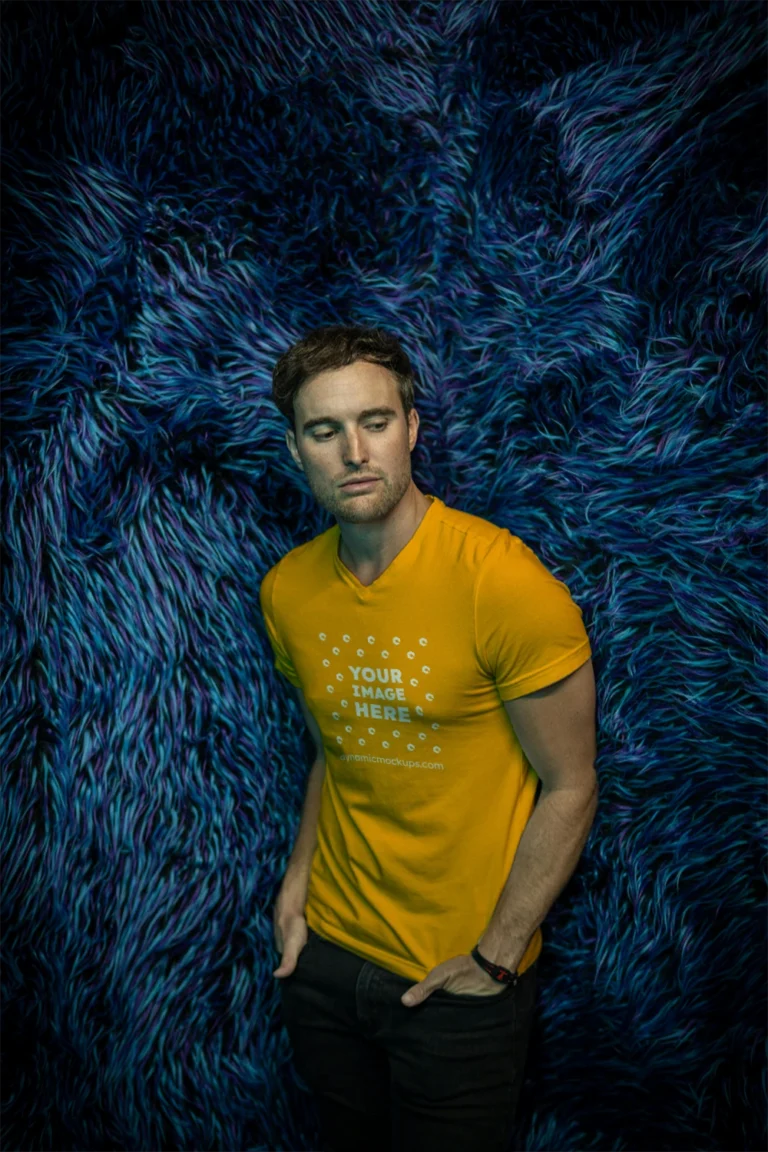 Man Wearing Orange T-shirt Mockup Front View Template