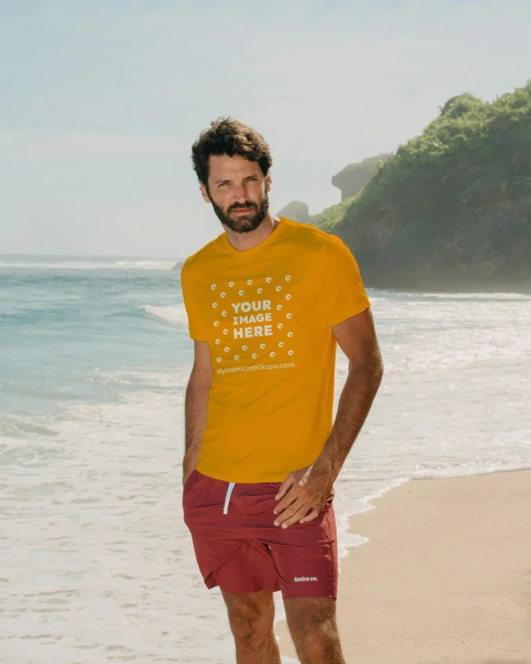 Man Wearing Orange T-shirt Mockup Front View Template