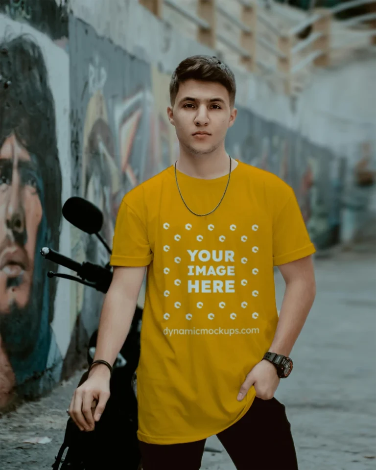 Man Wearing Orange T-shirt Mockup Front View Template