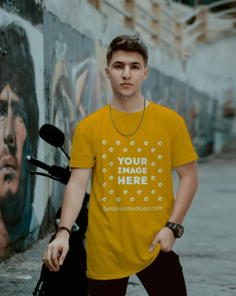 Man Wearing Orange T-shirt Mockup Front View Template