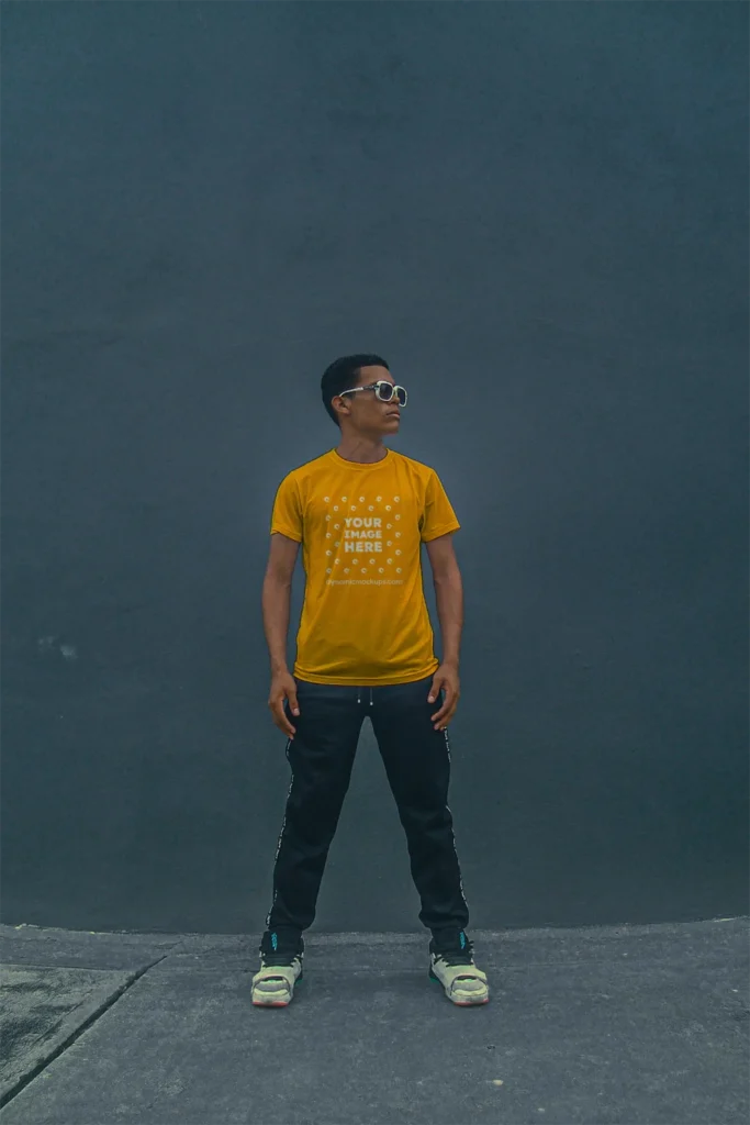 Man Wearing Orange T-shirt Mockup Front View Template