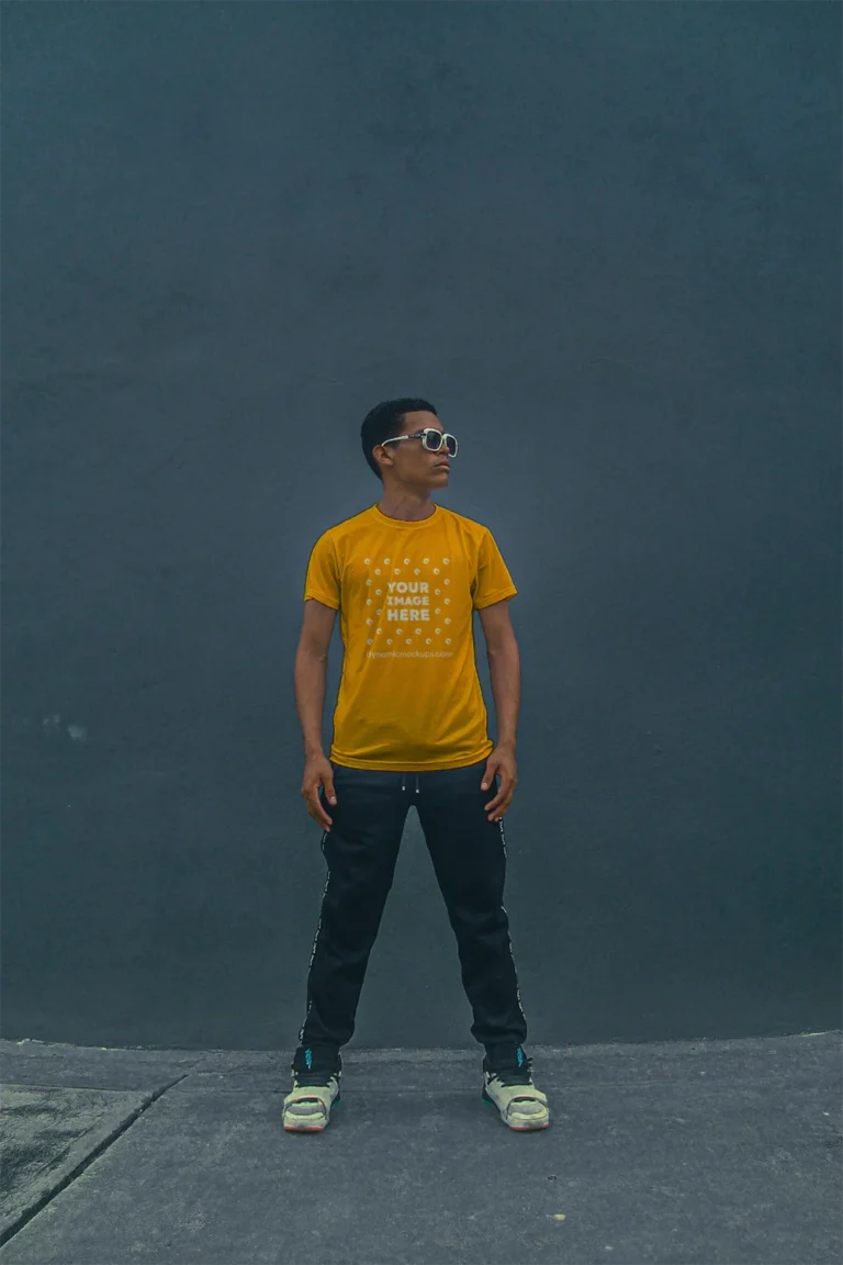 Man Wearing Orange T-shirt Mockup Front View Template