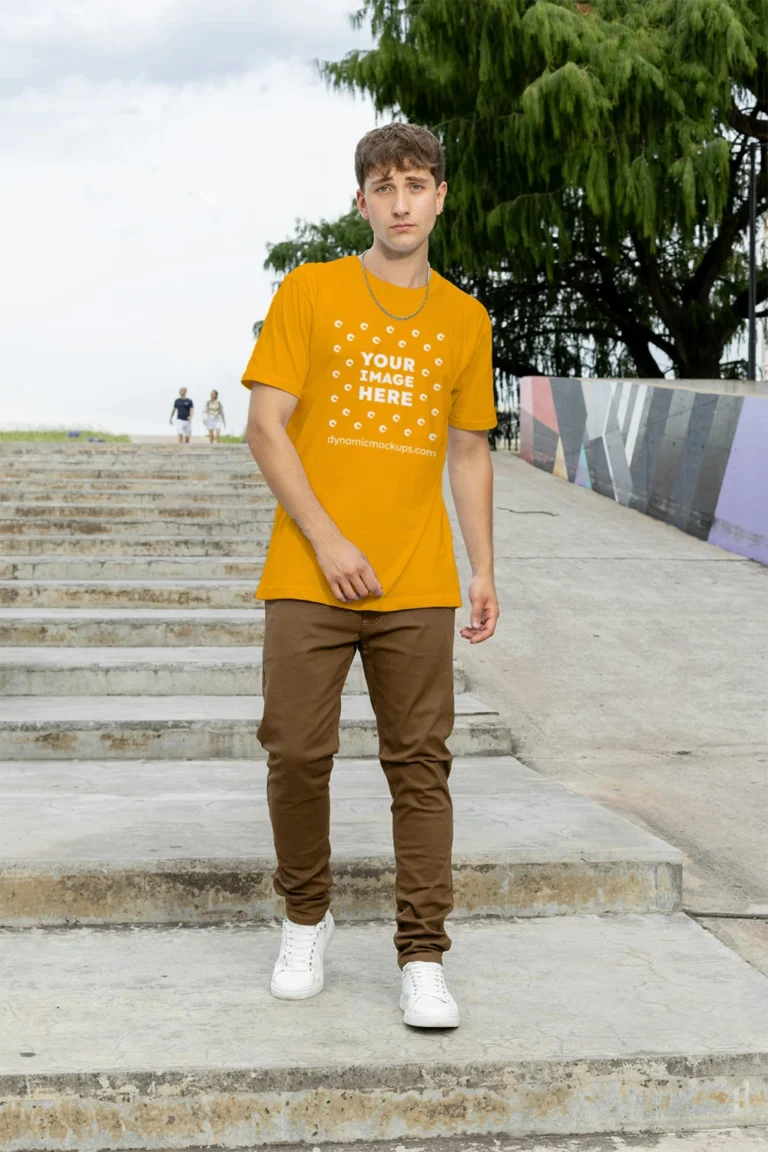 Man Wearing Orange T-shirt Mockup Front View Template