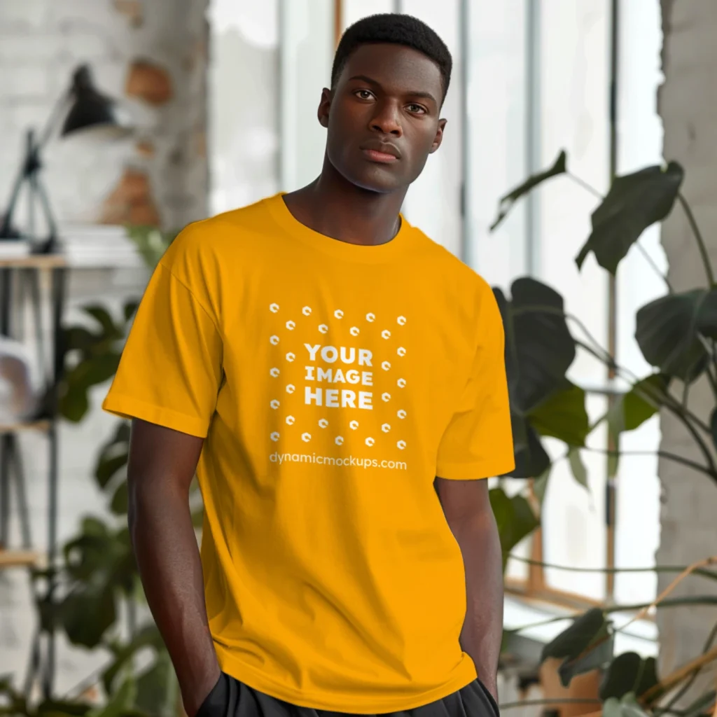 Man Wearing Orange T-shirt Mockup Front View Template