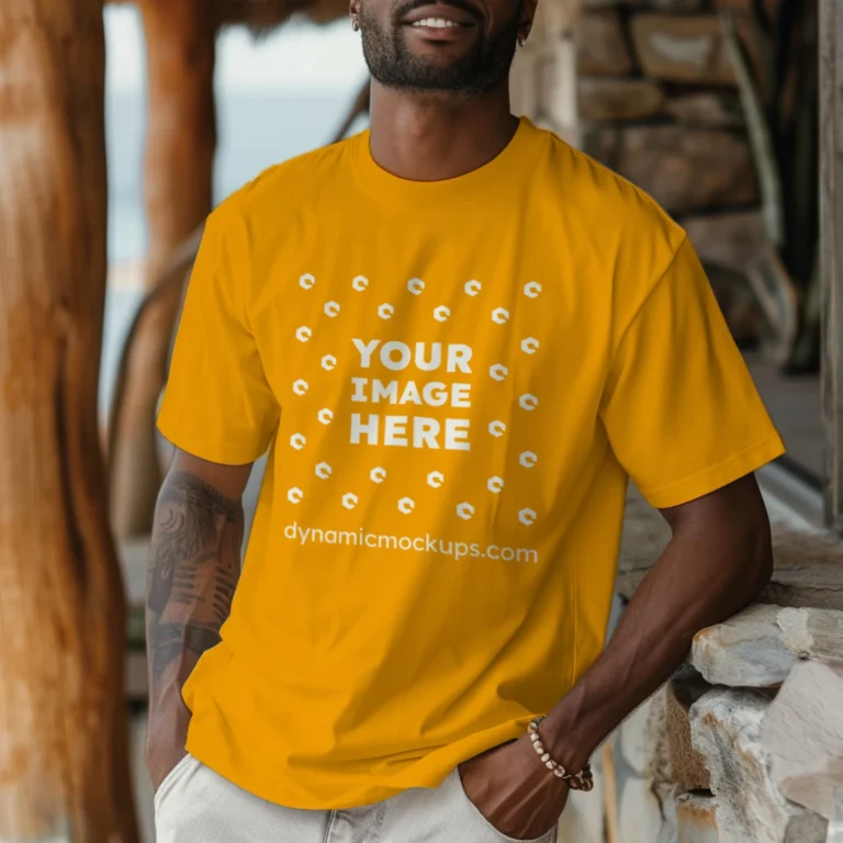 Man Wearing Orange T-shirt Mockup Front View Template