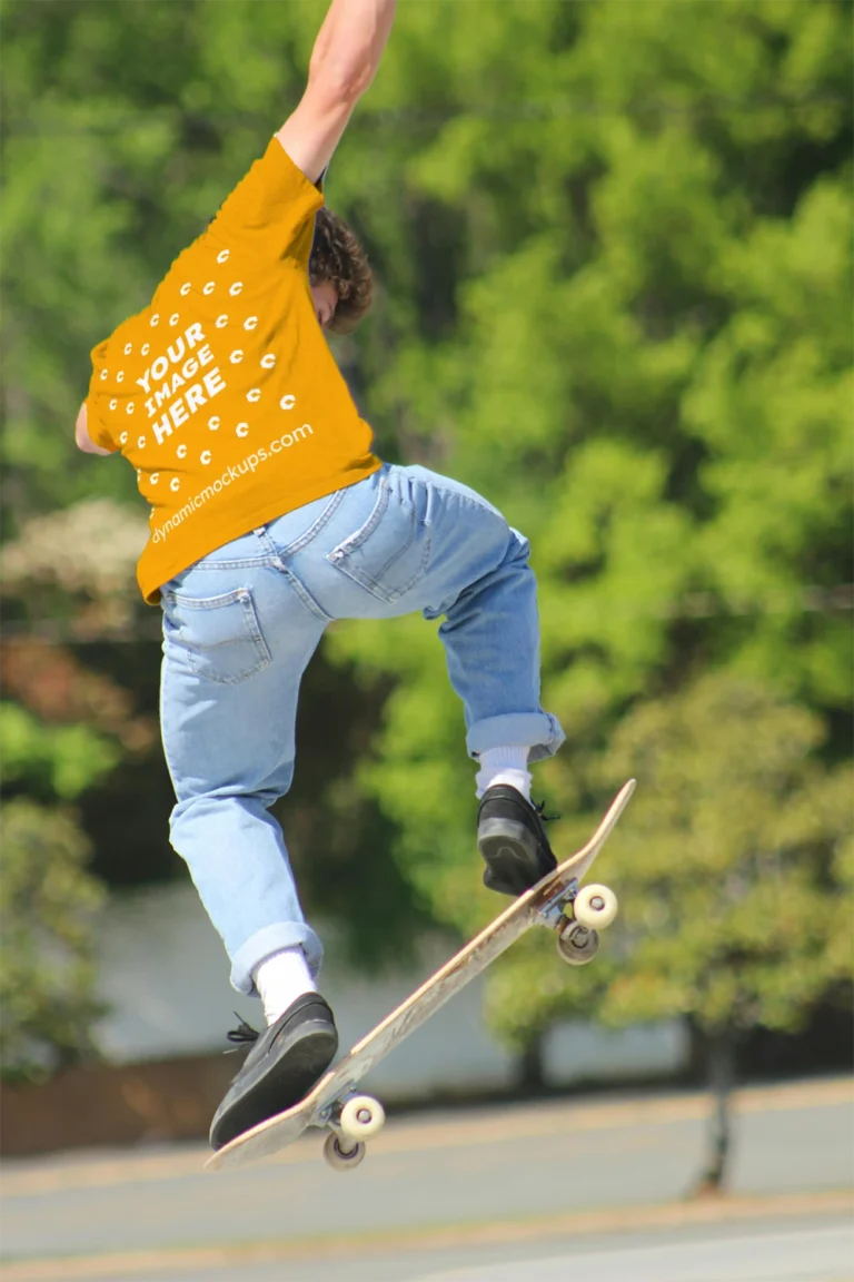 Man Wearing Orange T-shirt Mockup Back View Template