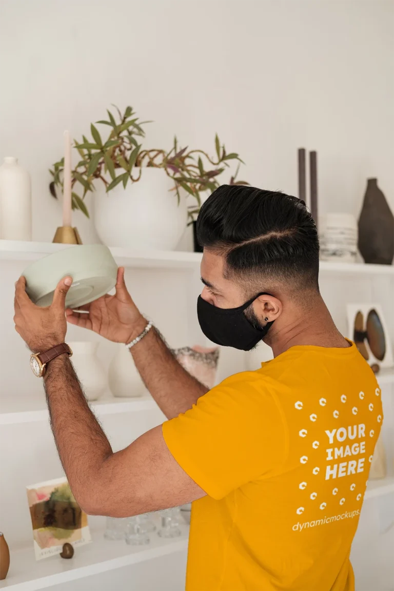 Man Wearing Orange T-shirt Mockup Back View Template