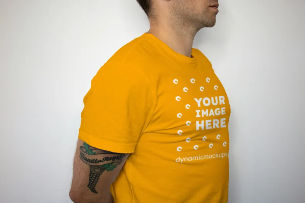 Man Wearing Orange T-shirt Mockup Front View Template