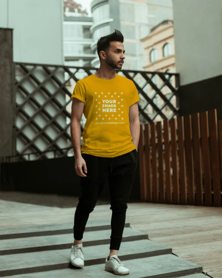Man Wearing Orange T-shirt Mockup Front View Template