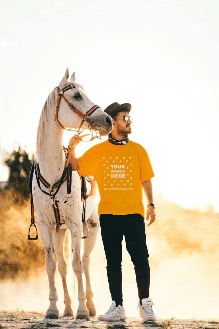 Man Wearing Orange T-shirt Mockup Front View Template