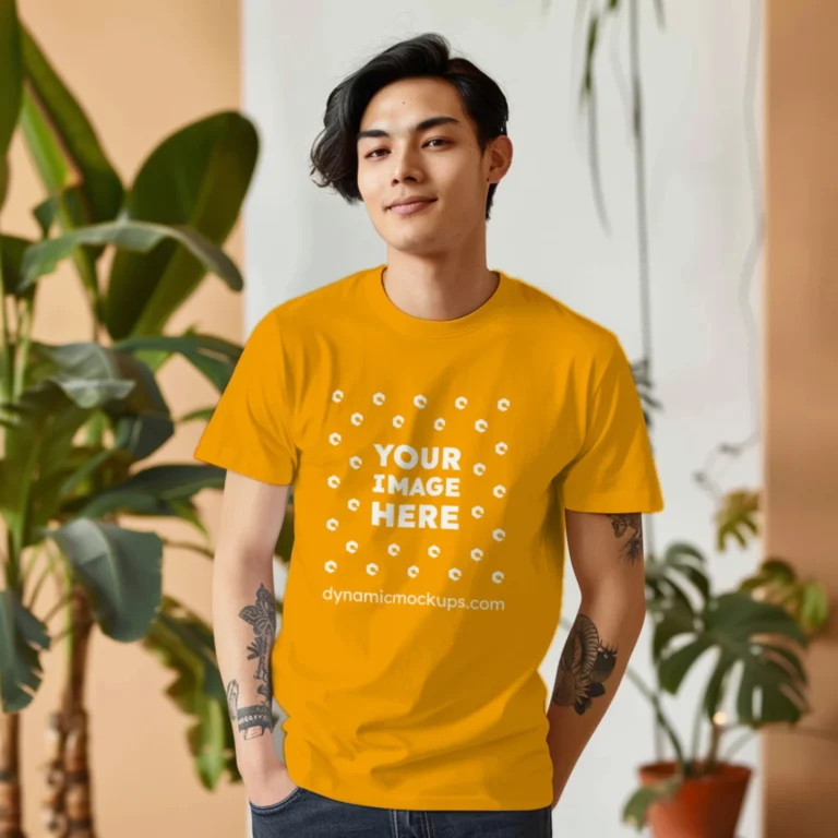 Man Wearing Orange T-shirt Mockup Front View Template