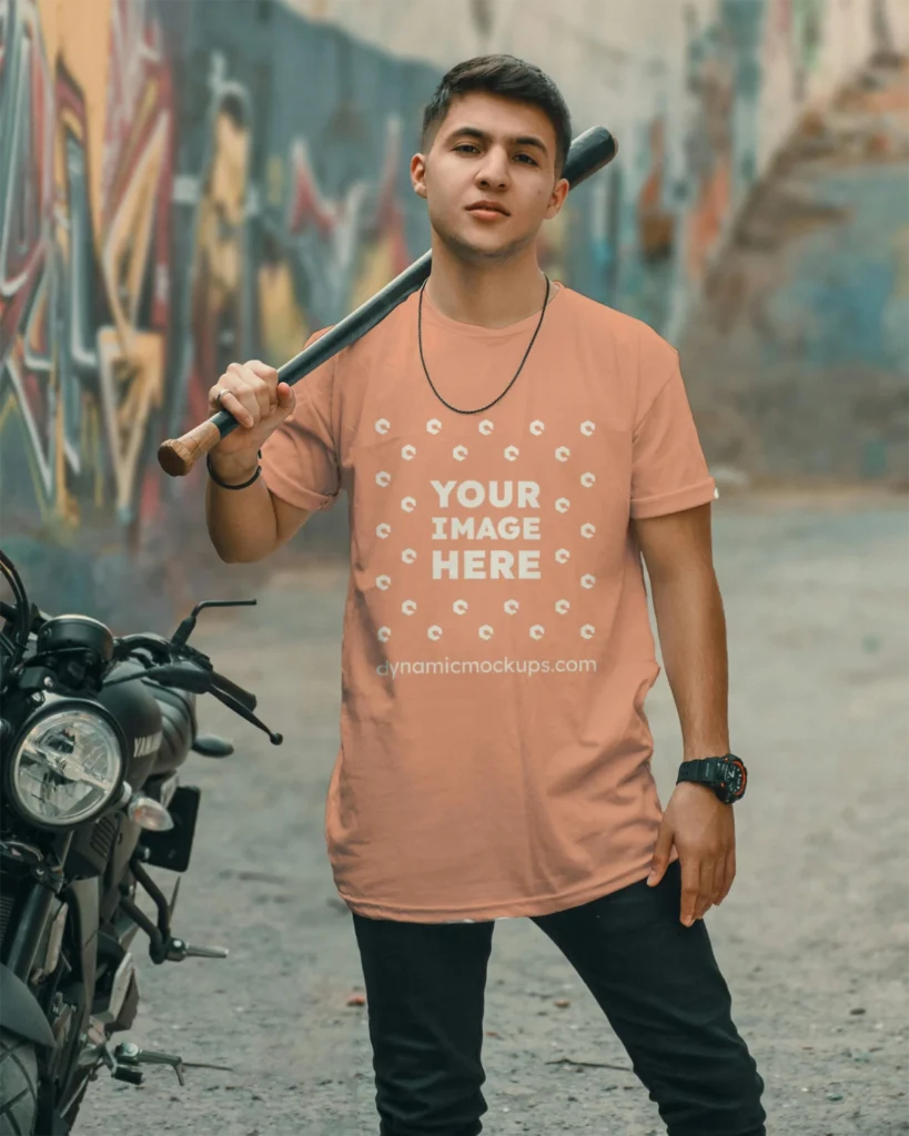 Man Wearing Peach T-shirt Mockup Front View Template