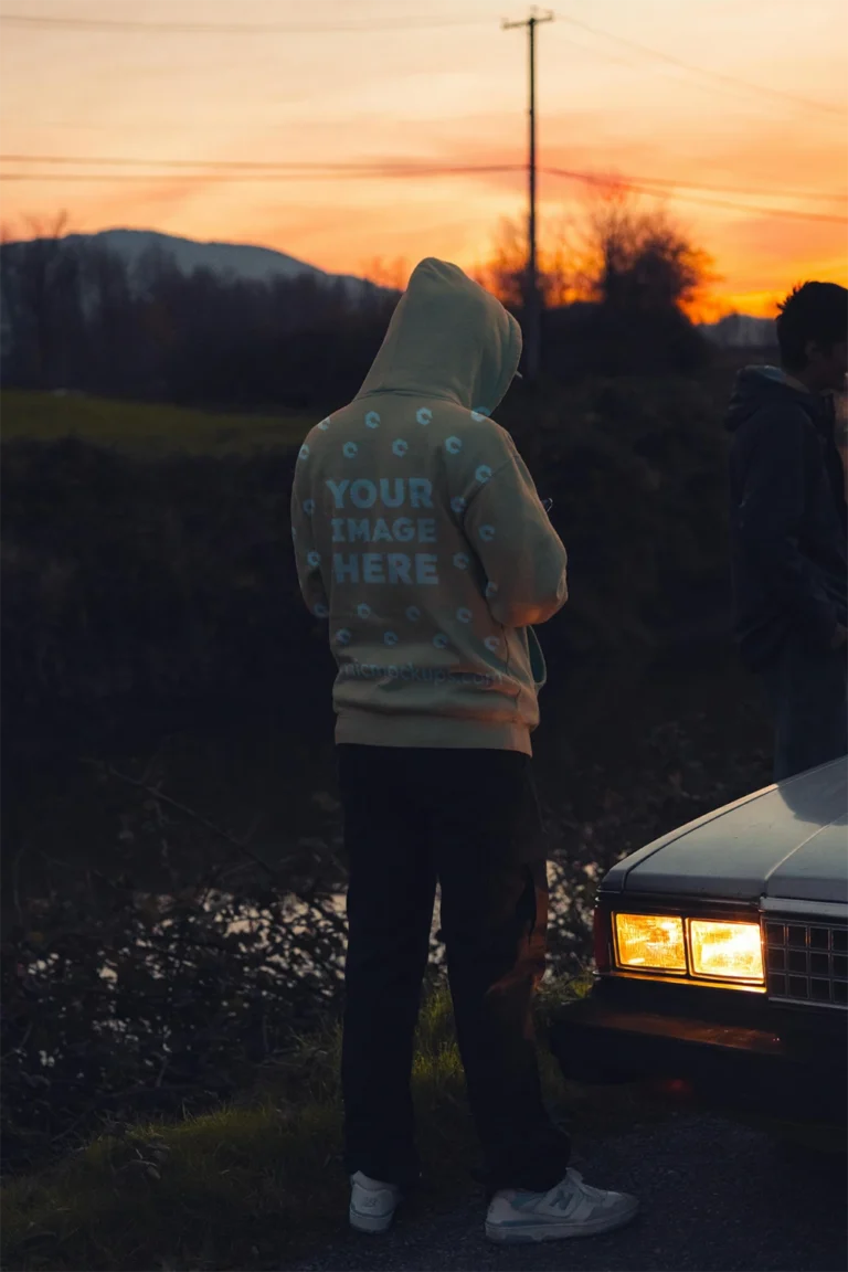 Man Wearing Peach Hoodie Mockup Back View Template