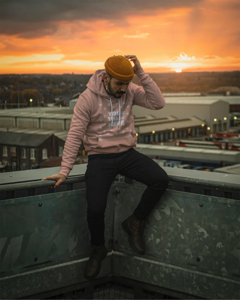 Man Wearing Peach Hoodie Mockup Front View Template