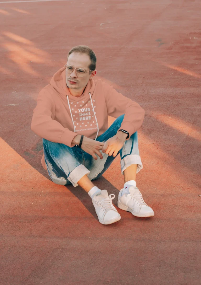 Man Wearing Peach Hoodie Mockup Front View Template