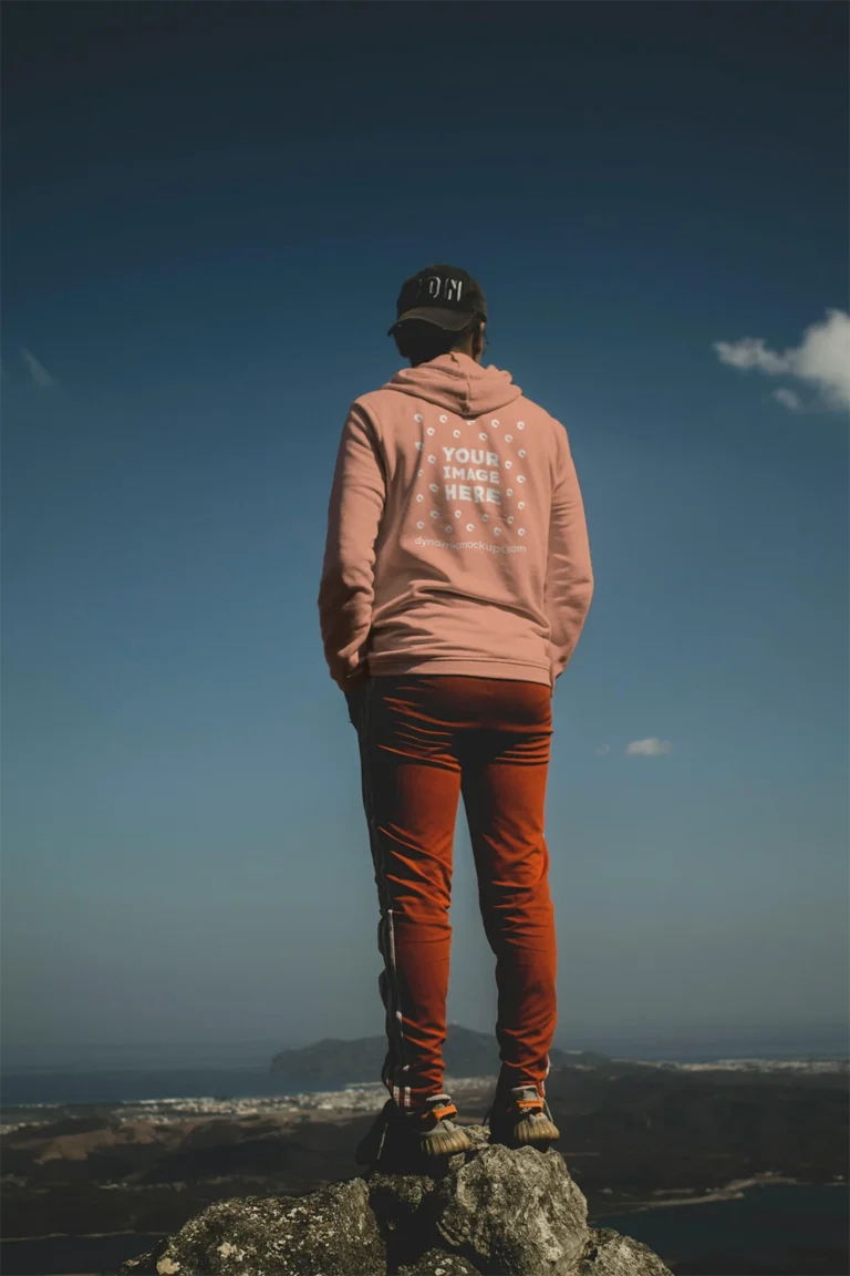 Man Wearing Peach Hoodie Mockup Back View Template
