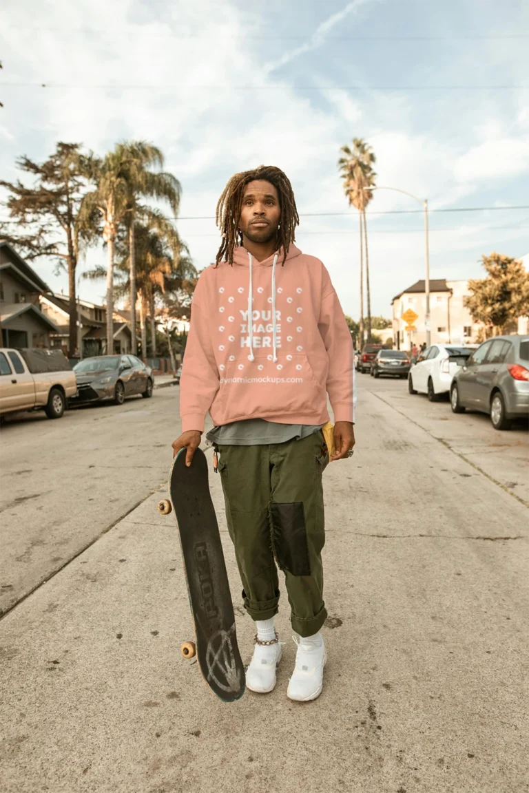 Man Wearing Peach Hoodie Mockup Front View Template
