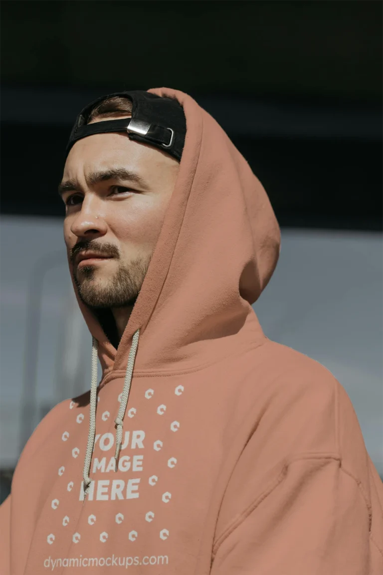 Man Wearing Peach Hoodie Mockup Front View Template