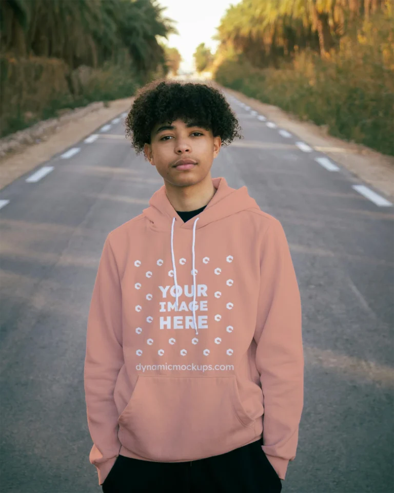 Man Wearing Peach Hoodie Mockup Front View Template
