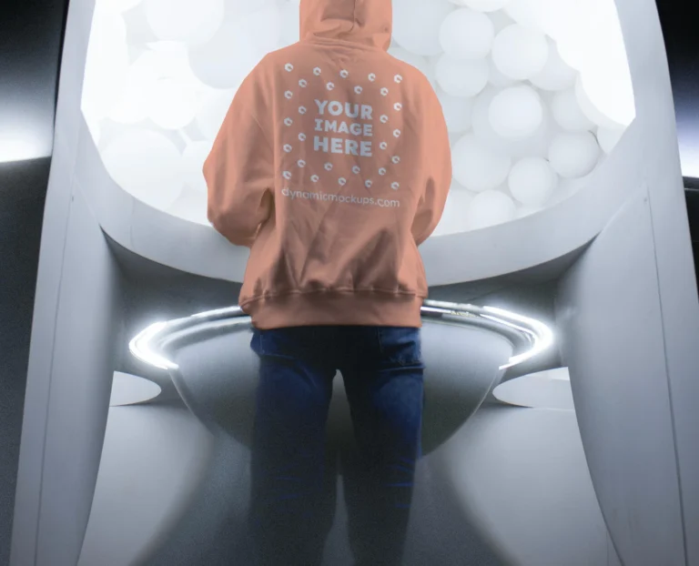 Man Wearing Peach Hoodie Mockup Back View Template