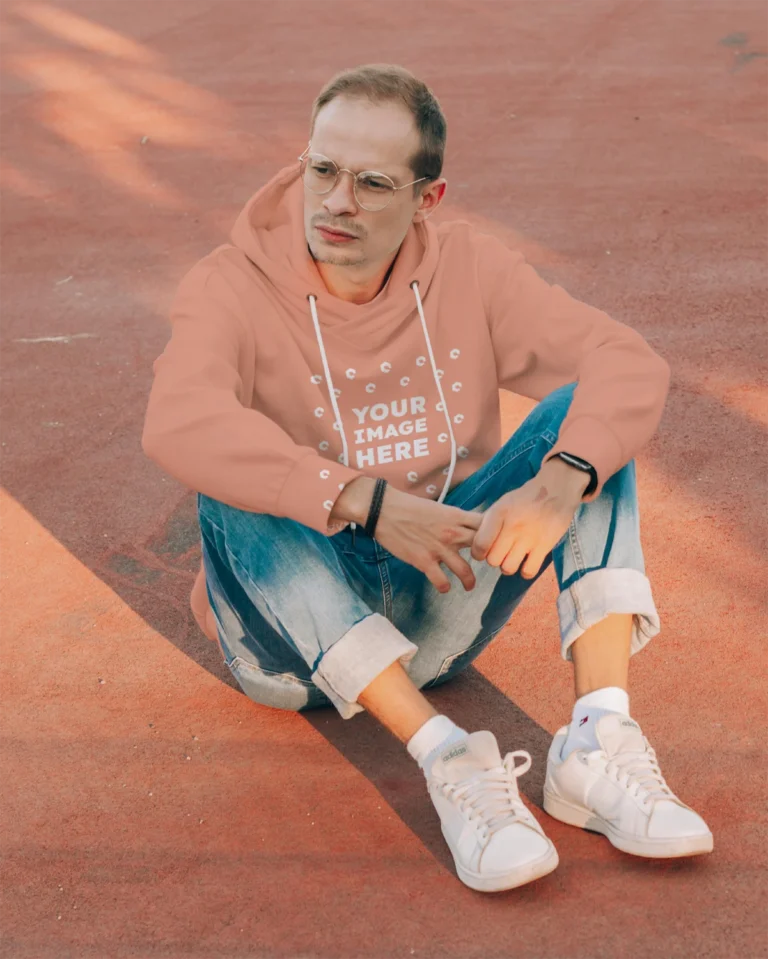 Man Wearing Peach Hoodie Mockup Front View Template