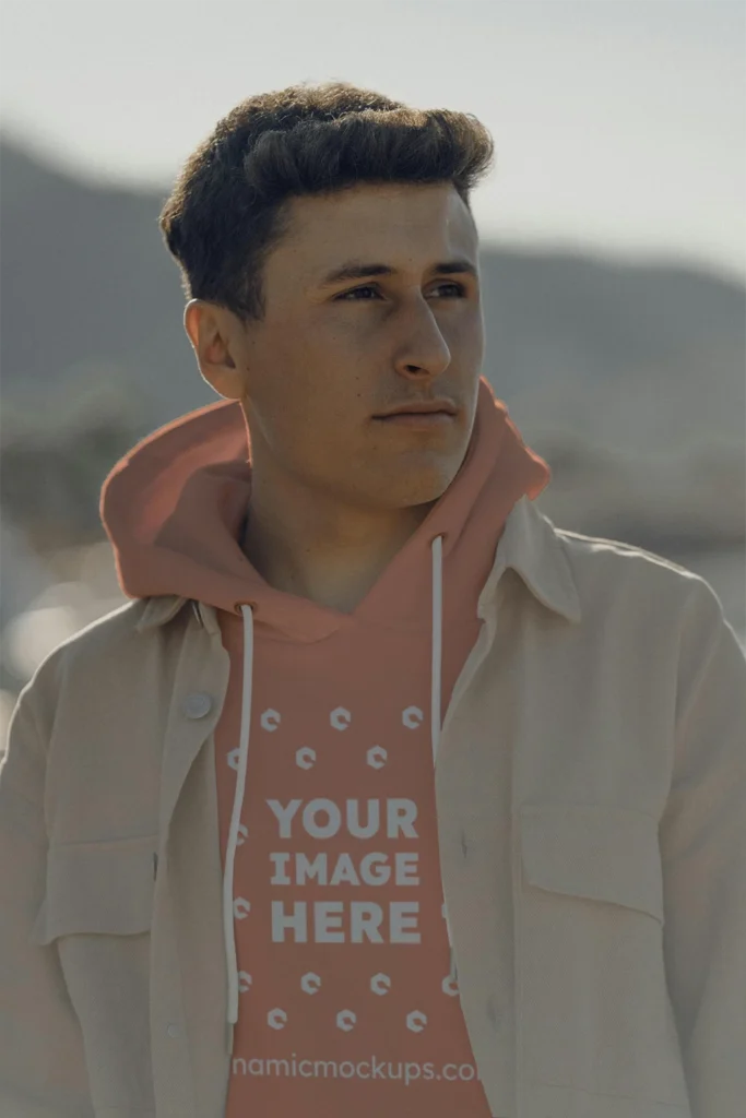 Man Wearing Peach Hoodie Mockup Front View Template