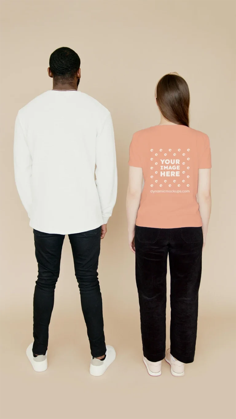 Man Wearing Peach T-shirt Mockup Back View Template