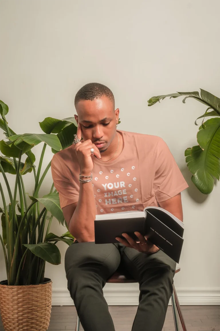 Man Wearing Peach T-shirt Mockup Front View Template