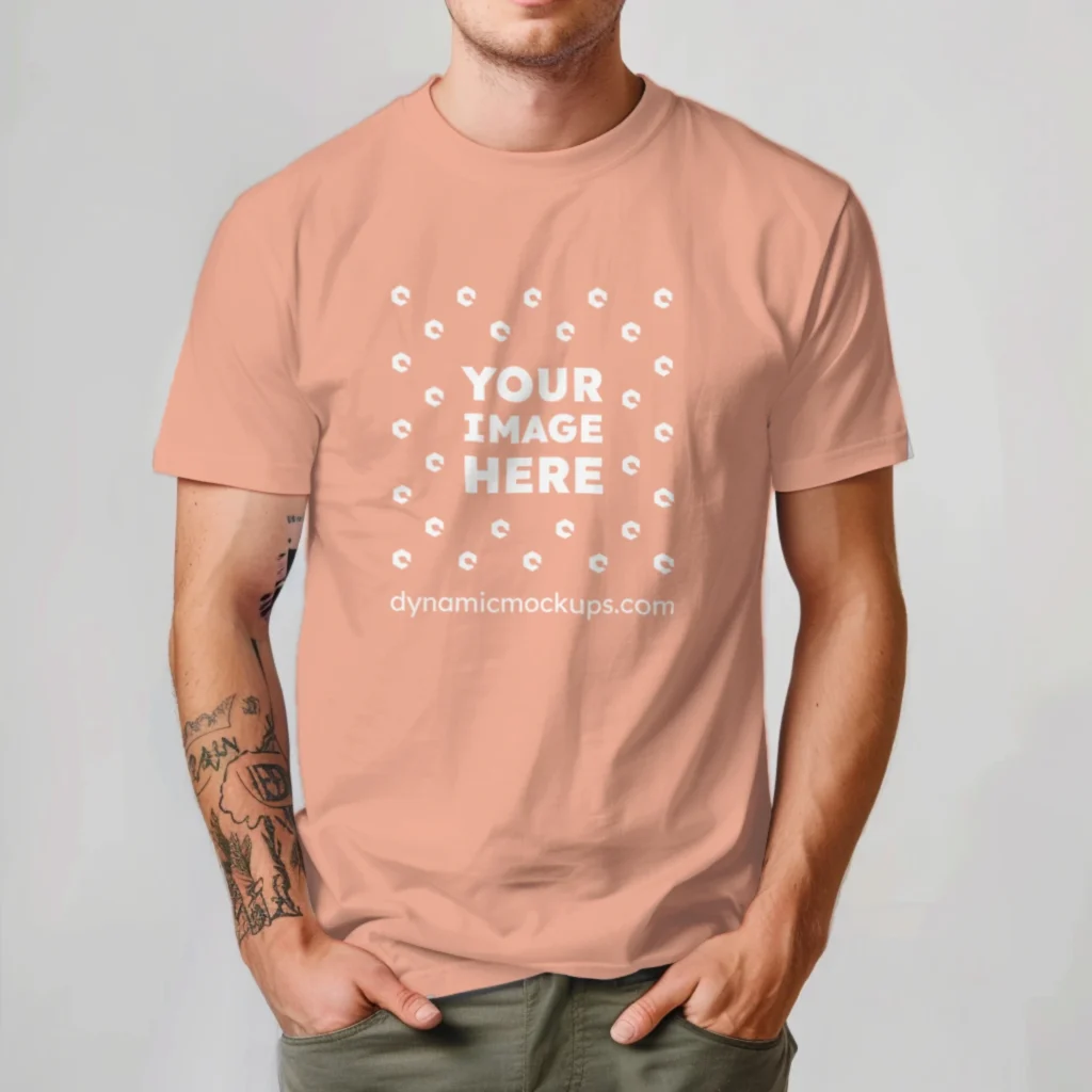 Man Wearing Peach T-shirt Mockup Front View Template