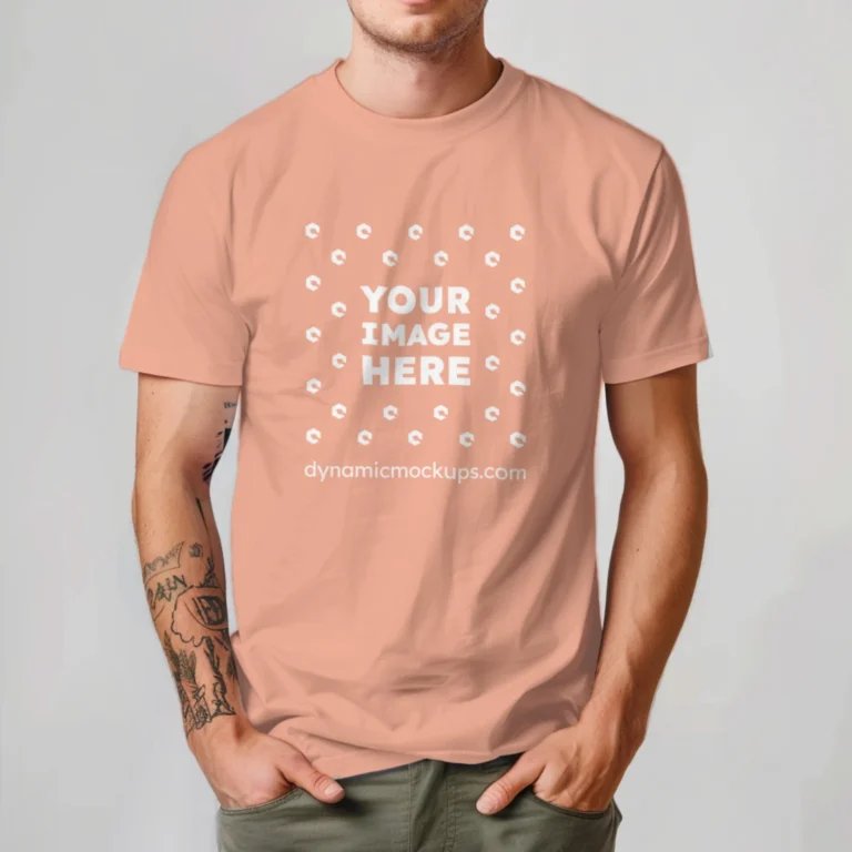 Man Wearing Peach T-shirt Mockup Front View Template