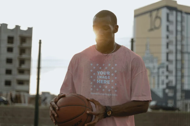 Man Wearing Peach T-shirt Mockup Front View Template