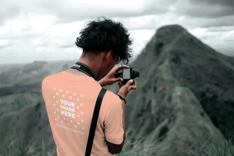 Man Wearing Peach T-shirt Mockup Back View Template