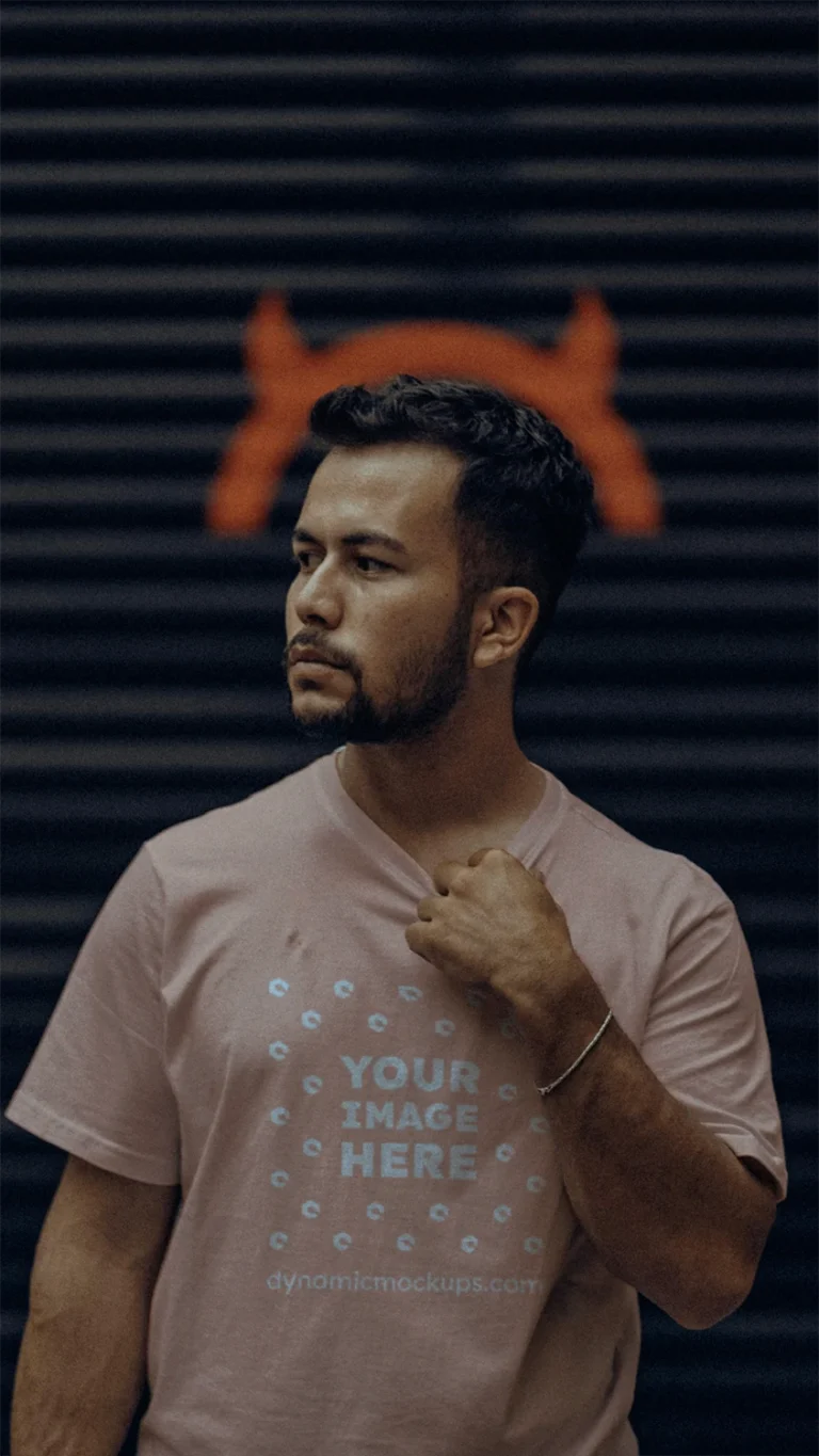 Man Wearing Peach T-shirt Mockup Front View Template