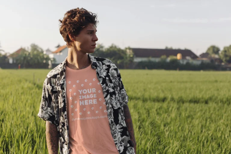 Man Wearing Peach T-shirt Mockup Front View Template