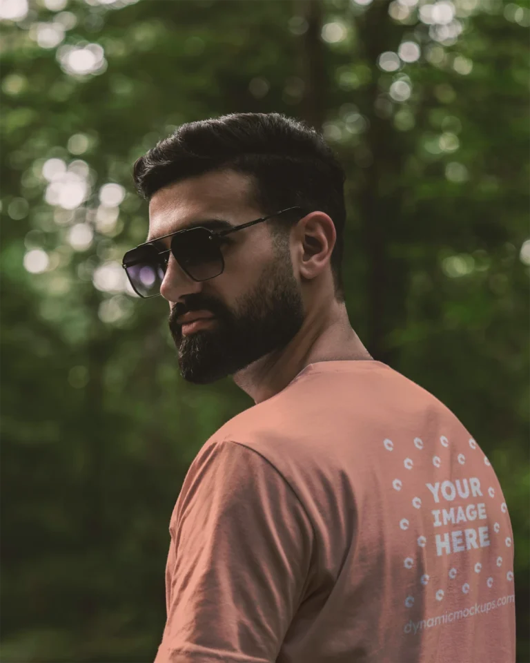 Man Wearing Peach T-shirt Mockup Back View Template