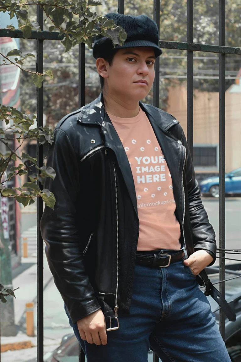 Man Wearing Peach T-shirt Mockup Front View Template