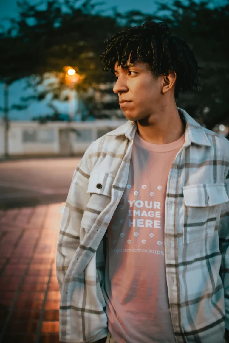 Man Wearing Peach T-shirt Mockup Front View Template