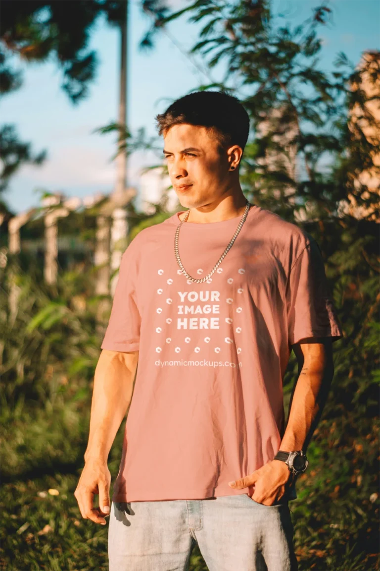 Man Wearing Peach T-shirt Mockup Front View Template