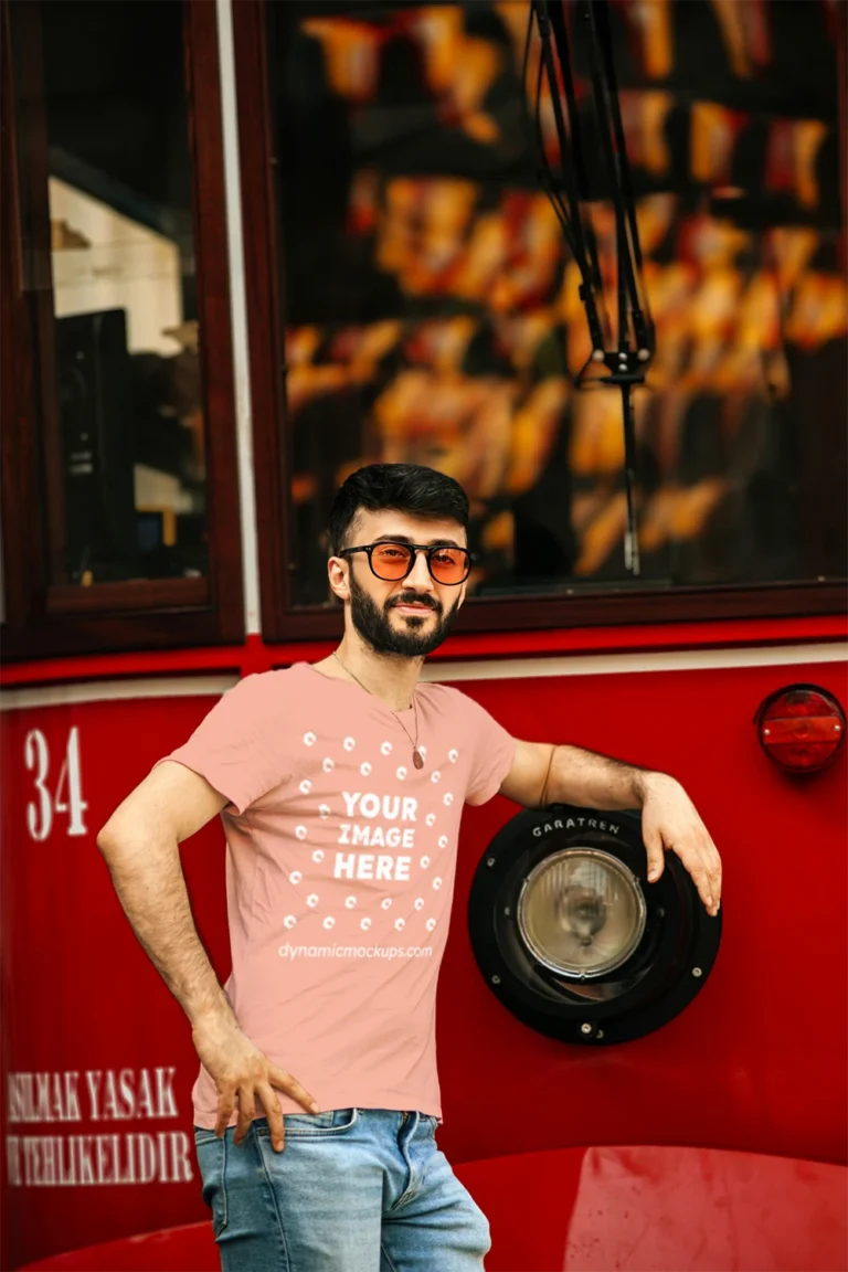 Man Wearing Peach T-shirt Mockup Front View Template