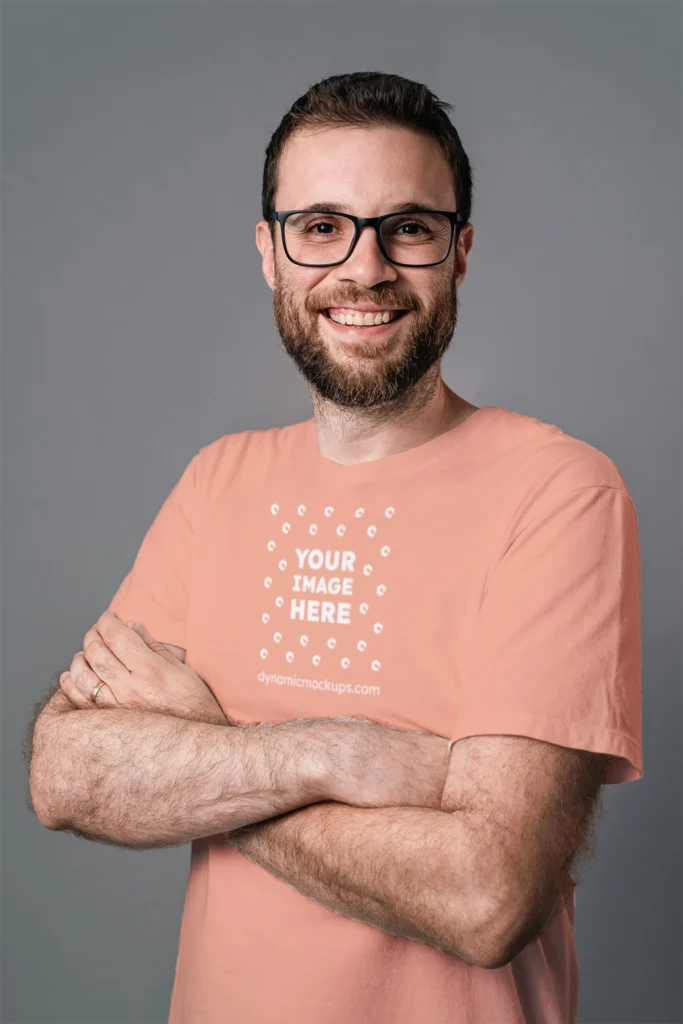 Man Wearing Peach T-shirt Mockup Front View Template