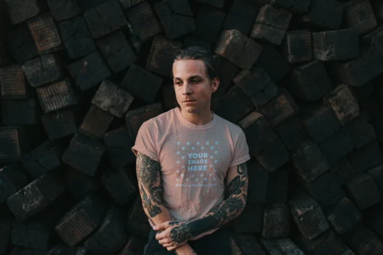 Man Wearing Peach T-shirt Mockup Front View Template