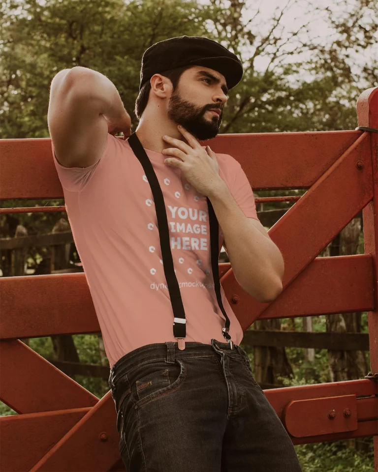 Man Wearing Peach T-shirt Mockup Front View Template