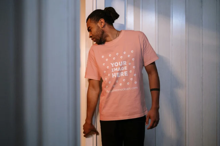 Man Wearing Peach T-shirt Mockup Front View Template