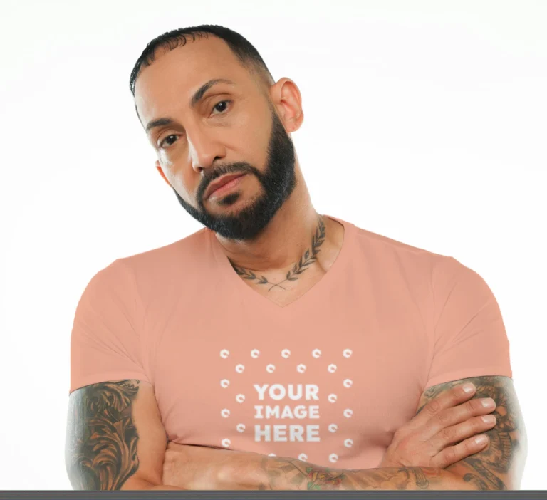 Man Wearing Peach T-shirt Mockup Front View Template