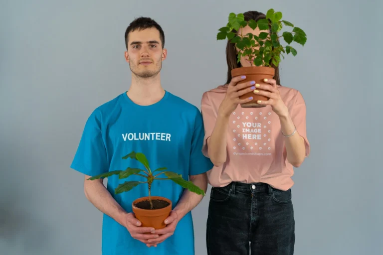 Man Wearing Peach T-shirt Mockup Front View Template
