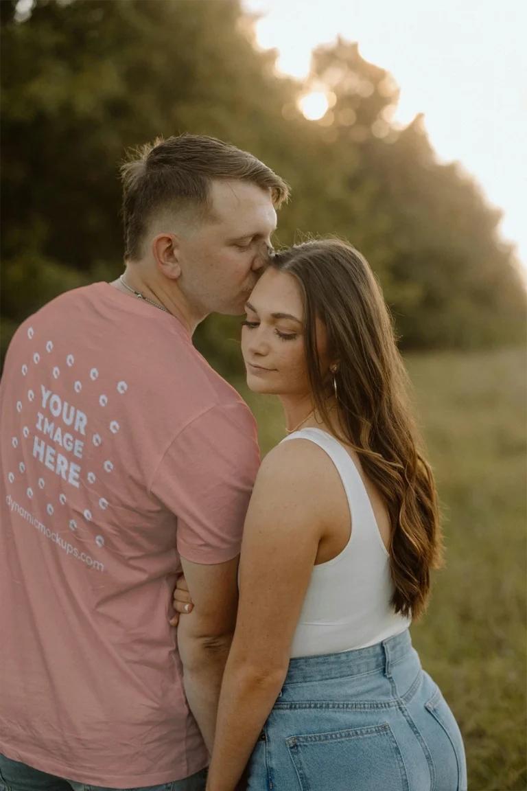 Man Wearing Peach T-shirt Mockup Back View Template